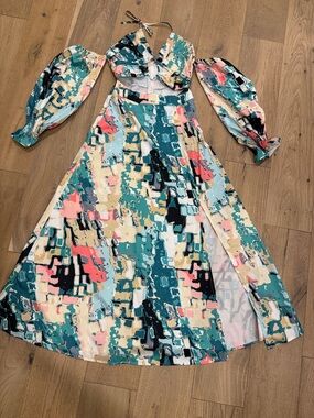 Abstract Print Cutout Maxi Dress in Teal, Coral & Cream